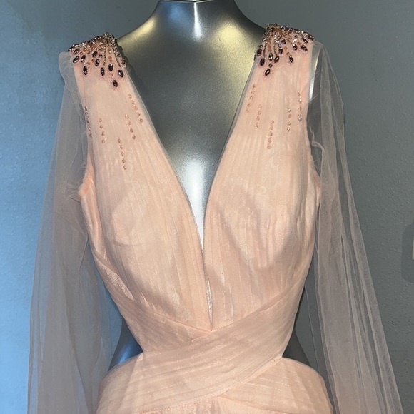 Mac Duggal 70174 TULLE SHEER LONG SLEEVE CUT OUT LACE UP A LINE GOWN NWT - Picture 10 of 17